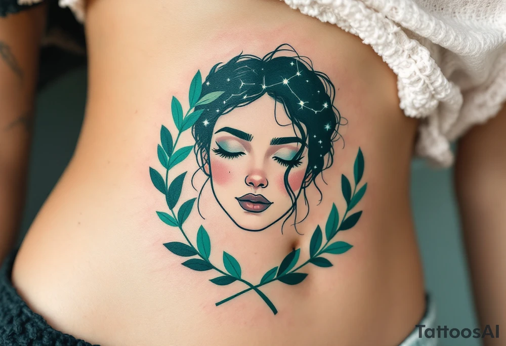 A Virgo constellation in deep emerald green overlays a serene face framed by cornflower-blue laurel leaves. tattoo idea