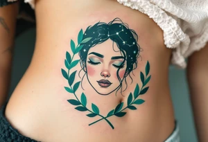 A Virgo constellation in deep emerald green overlays a serene face framed by cornflower-blue laurel leaves. tattoo idea