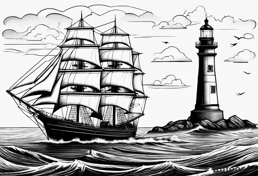 maritime lighthouse in a front view sailboat serving as a mast for a sail. tattoo idea