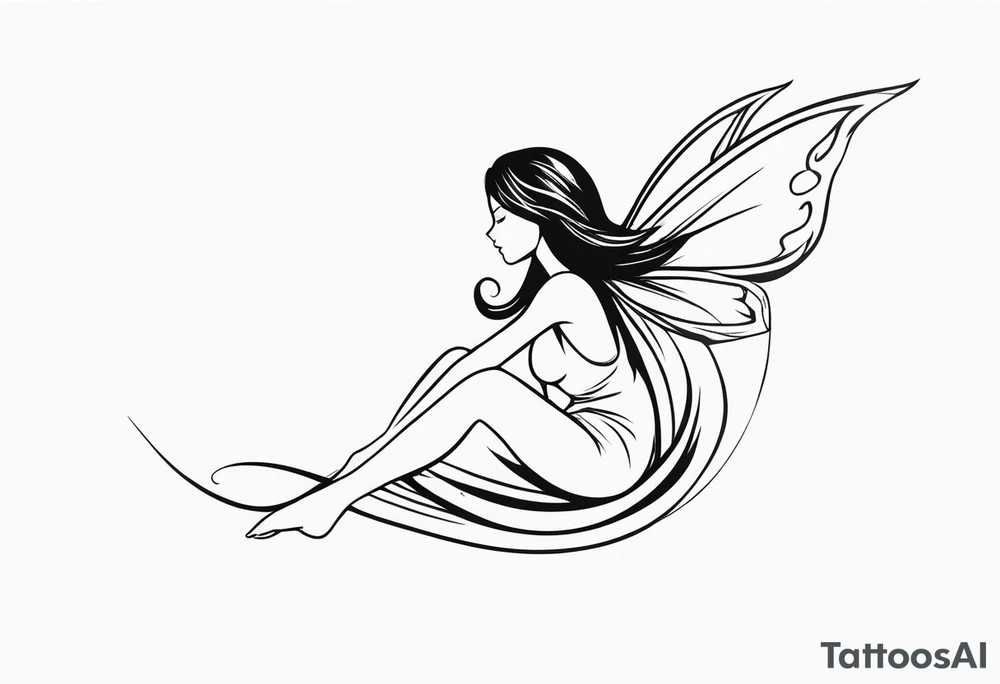 Minimalistic, monochromatic fairy with a tail flying to the left in a fetal position, leaning and looking in the same direction, with visible hands, embodying the 'Fairy Tail' logo aesthetic. tattoo idea