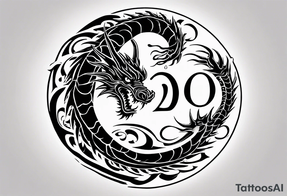 Chinese dragon in a circular shape with "02.03" written on its skin tattoo idea