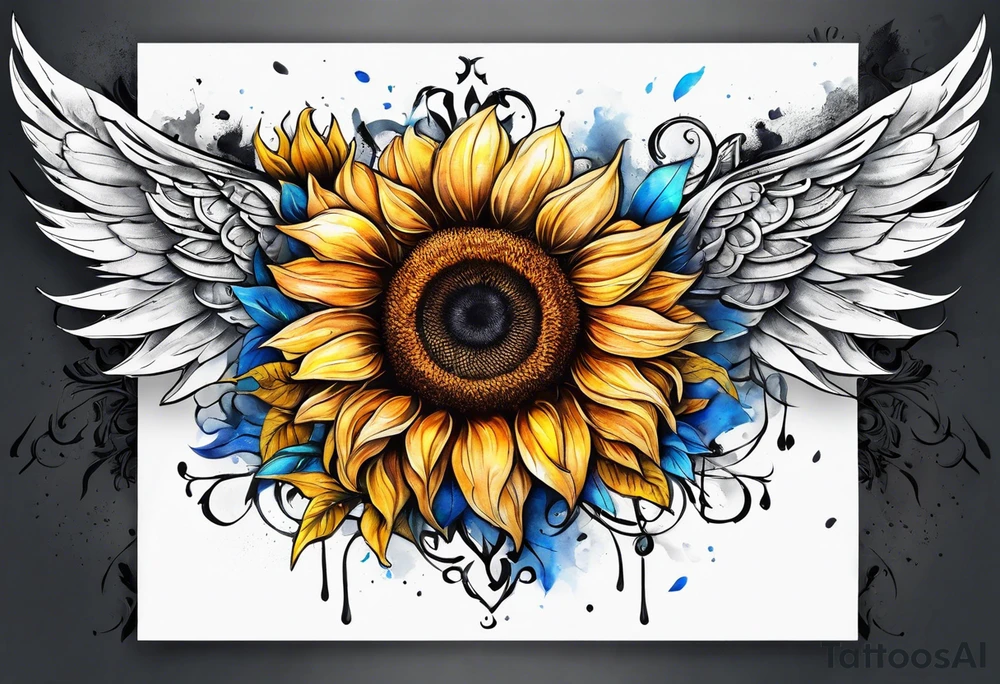 Sunflowers and angel wings leg sleeve tattoo idea