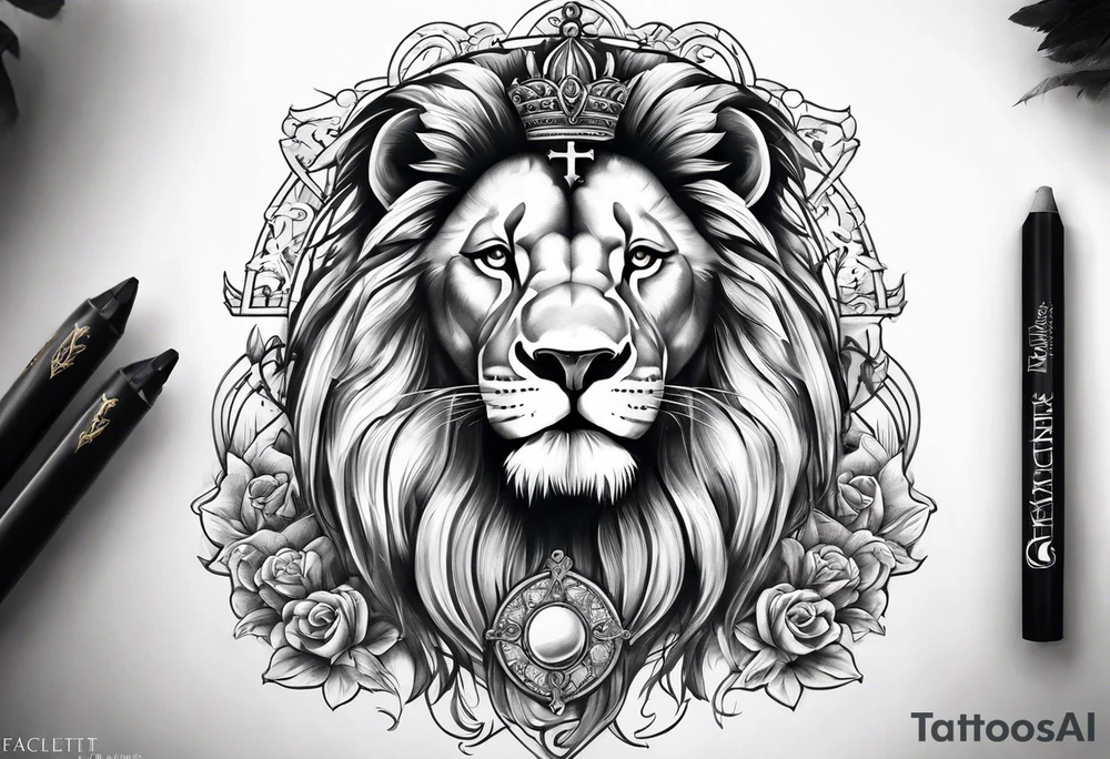 Full sleeve with Lion, cross, praying hands and angels. Incorporate the names Scarlett and Faith in the design tattoo idea