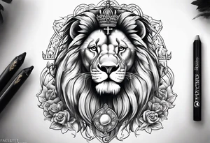Full sleeve with Lion, cross, praying hands and angels. Incorporate the names Scarlett and Faith in the design tattoo idea