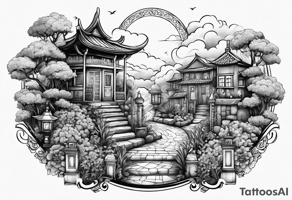 night ancient town  garden many small houses gate entrance 
 in circle vignette surrounded by clouds floral tattoo idea