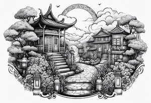 night ancient town  garden many small houses gate entrance 
 in circle vignette surrounded by clouds floral tattoo idea