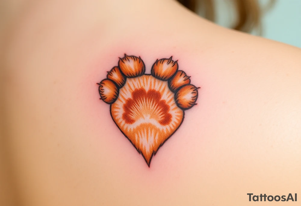 dog paw with fine fur details and warm shades of golden brown, caramel, and soft beige for a lifelike effect in a shape of heart tattoo idea