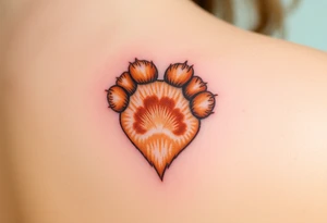 dog paw with fine fur details and warm shades of golden brown, caramel, and soft beige for a lifelike effect in a shape of heart tattoo idea