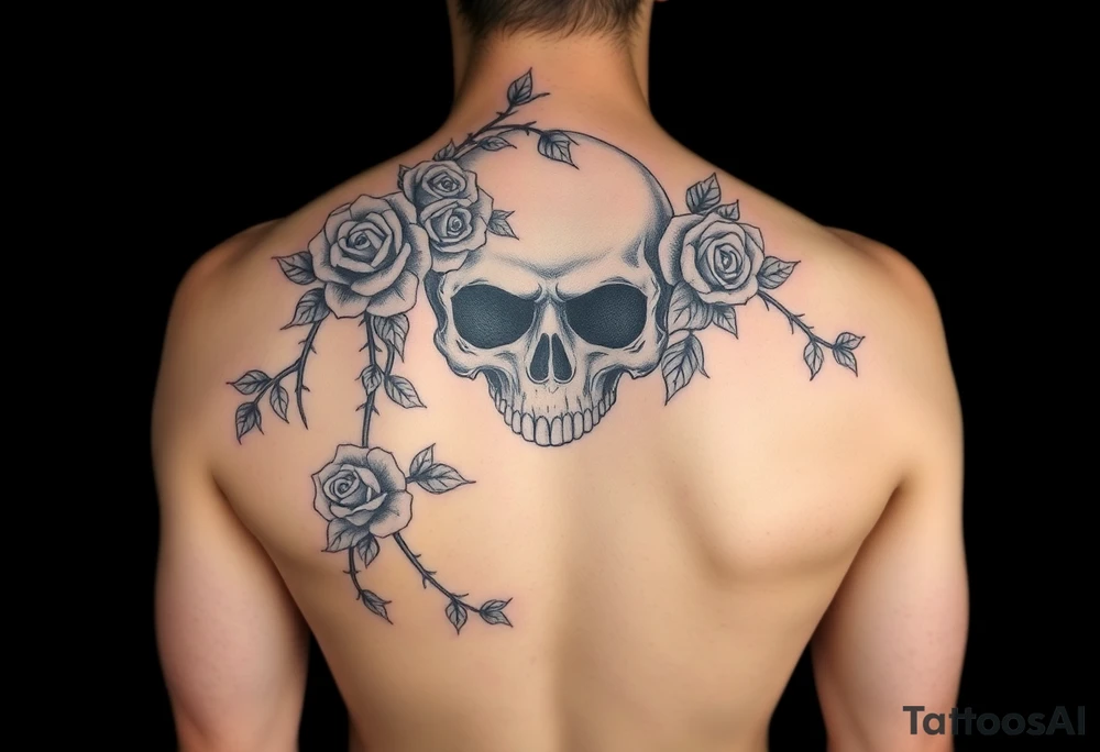 gothic skull intertwined with climbing roses and thorny vines tattoo idea