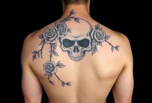gothic skull intertwined with climbing roses and thorny vines tattoo idea