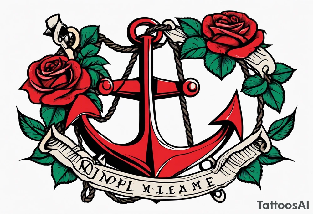 old school anchor with rope wrapped around anchor and banner across anchor and old school roses tattoo idea