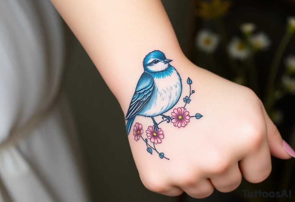 Puffy bluebird surrounded by wild flowers tattoo idea
