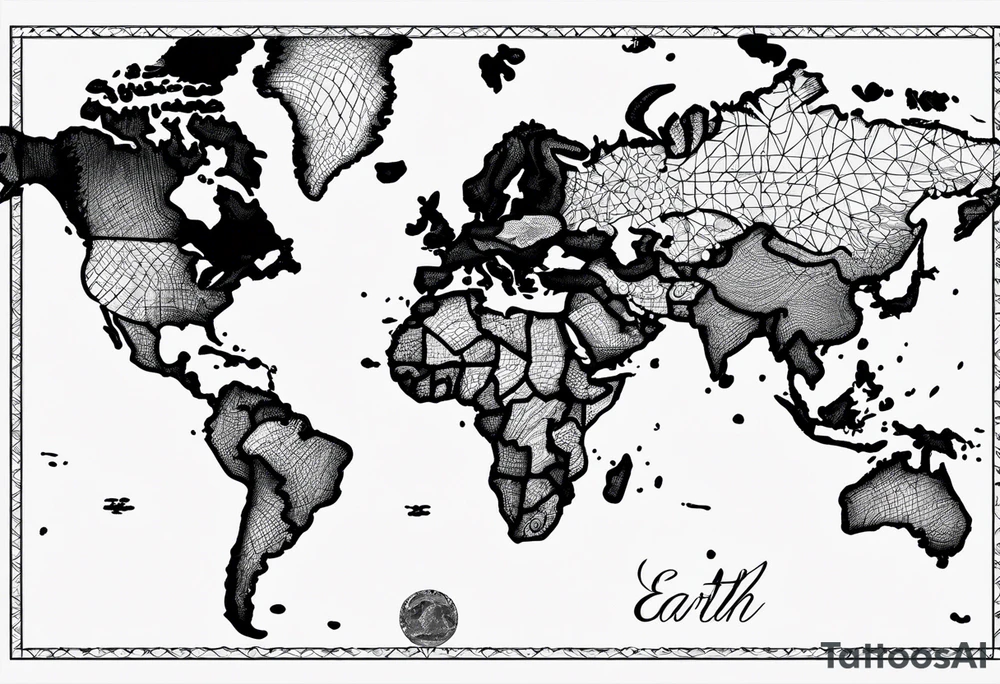 the earth on a flat map with no shading placed on a grid with only the lines with accurate depictions of the borders in countries while having it in an oval/circular position on a grid without any borders on the sides while having the countries not have such bold borders tattoo idea