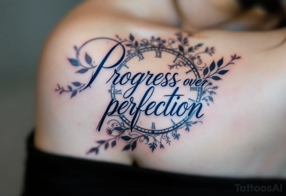 “Progress over perfection” in midnight blue, layered over a faded clock design in light gray. tattoo idea