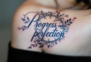 “Progress over perfection” in midnight blue, layered over a faded clock design in light gray. tattoo idea