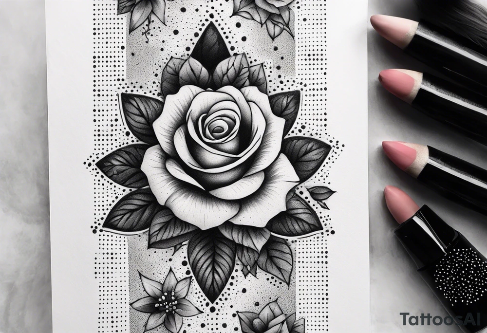 Vertically elongated tesseract with small roses and stars around it tattoo idea