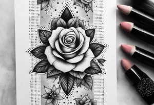 Vertically elongated tesseract with small roses and stars around it tattoo idea