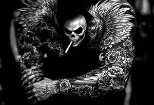 majestic/holy jack skellington as an angel with wings, smoking a blunt, fishing over lake, clouds, roses, tattoo idea