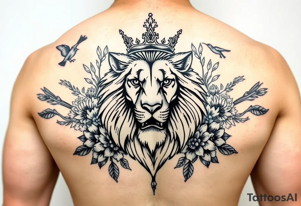 powerful majestic lion with a crown, surrounded by floral ornaments and birds tattoo idea