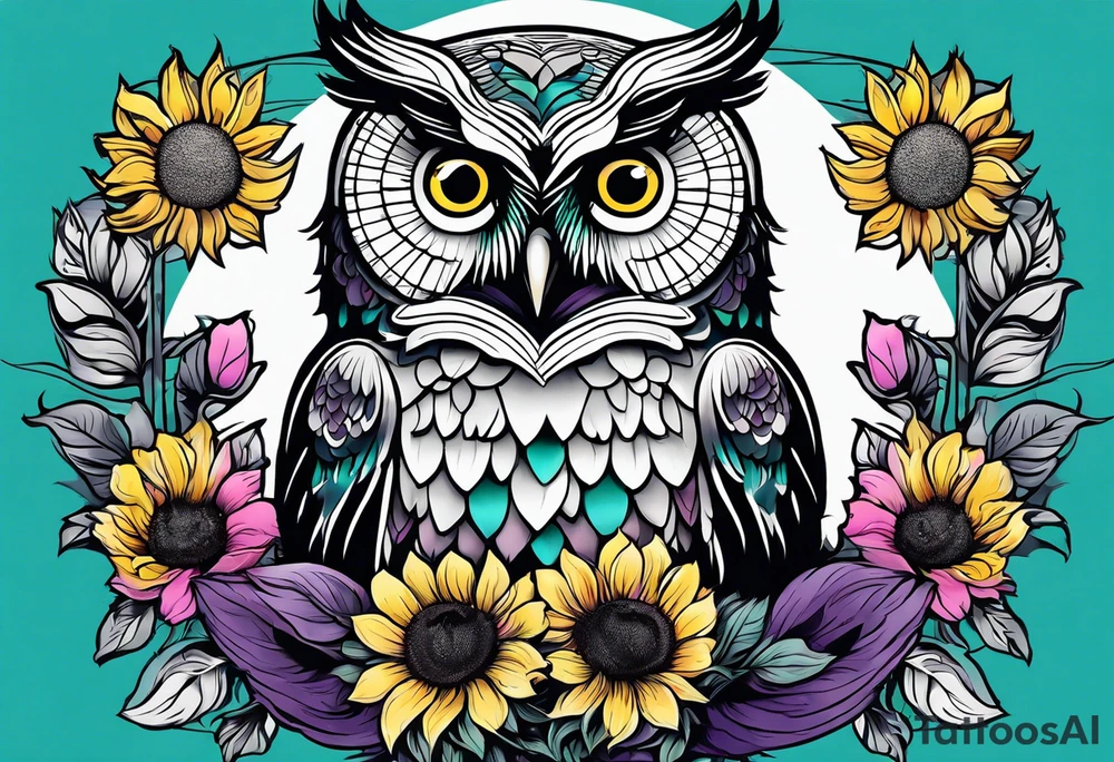 Black and white owl shaded teal, pink and purple surrounded by yellow sunflowers sleeve tattoo idea