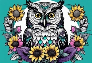 Black and white owl shaded teal, pink and purple surrounded by yellow sunflowers sleeve tattoo idea