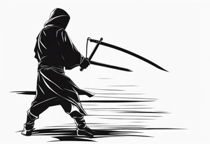 black figure with sword and blind fold ready to attack tattoo idea