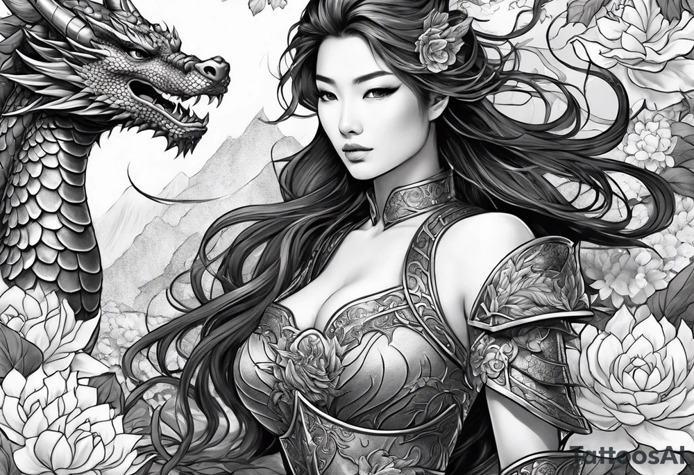 beautiful warrior woman wearing dragon armor and a floral background and a dragon a full picture tattoo idea