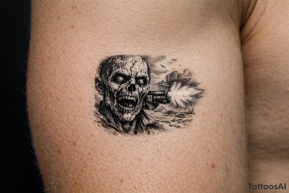Detailed zombie face, shotgun muzzle flash, dusty, desolate landscape. tattoo idea