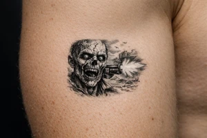 Detailed zombie face, shotgun muzzle flash, dusty, desolate landscape. tattoo idea