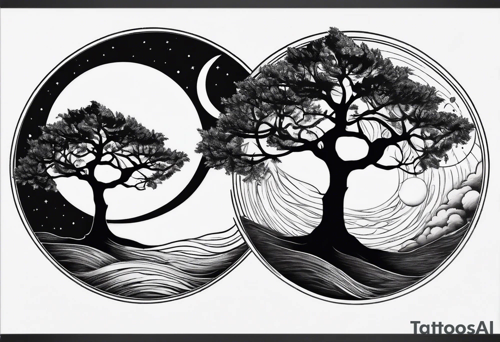 Simple Tree holding the sun on the right side and the moon on the left side tattoo idea