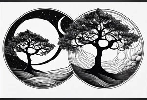 Simple Tree holding the sun on the right side and the moon on the left side tattoo idea