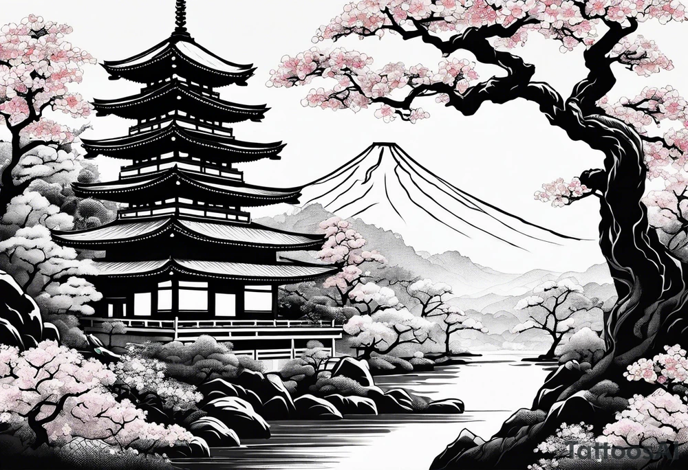 Traditional Japanese temple, Sakura tree, small river , tiger , dragon tattoo idea