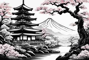 Traditional Japanese temple, Sakura tree, small river , tiger , dragon tattoo idea