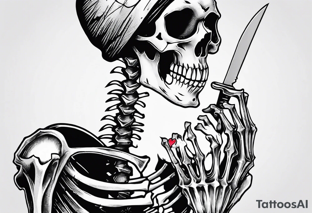 depressed skeleton holding his heart in his hand with a knife through the heart tattoo idea