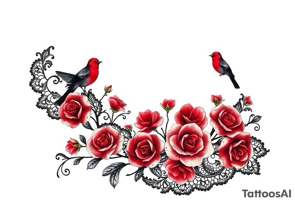 Vintage black lace, red roses, red birds, vintage, wrap around, tighter together, no space open tattoo idea