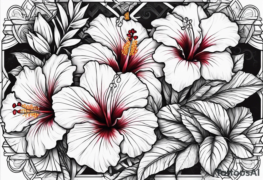 hibiscus and lily flowers in the background with an absent cross overlapping it tattoo idea