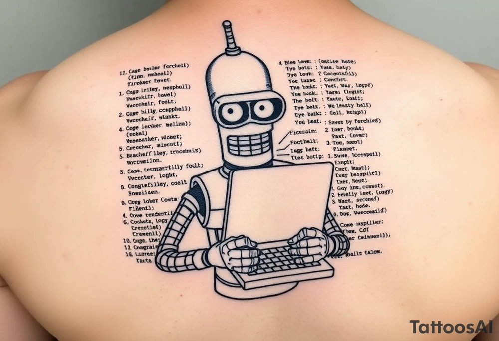 Tattoo design of a humorous robot inspired by Bender from Futurama, holding a laptop or typing on a keyboard, surrounded by lines of code in a programming language like Python or C#. Include funny text tattoo idea