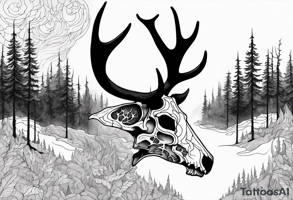 Halloween side view of a DECAYING deer skull JUST BONE surrounded by a forest fire in background tattoo idea