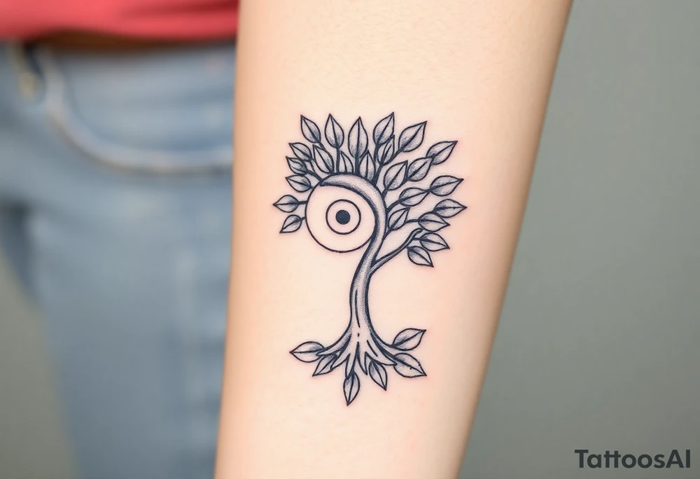 Fibonacci spiral shell on side of base of tree full of lots of leaves tattoo idea