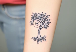 Fibonacci spiral shell on side of base of tree full of lots of leaves tattoo idea