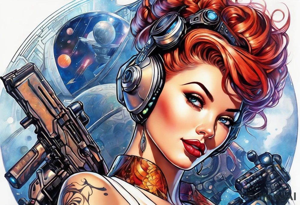 cyborg pinup girl, retro futurism, smooth skin, no tattoos tattoo idea