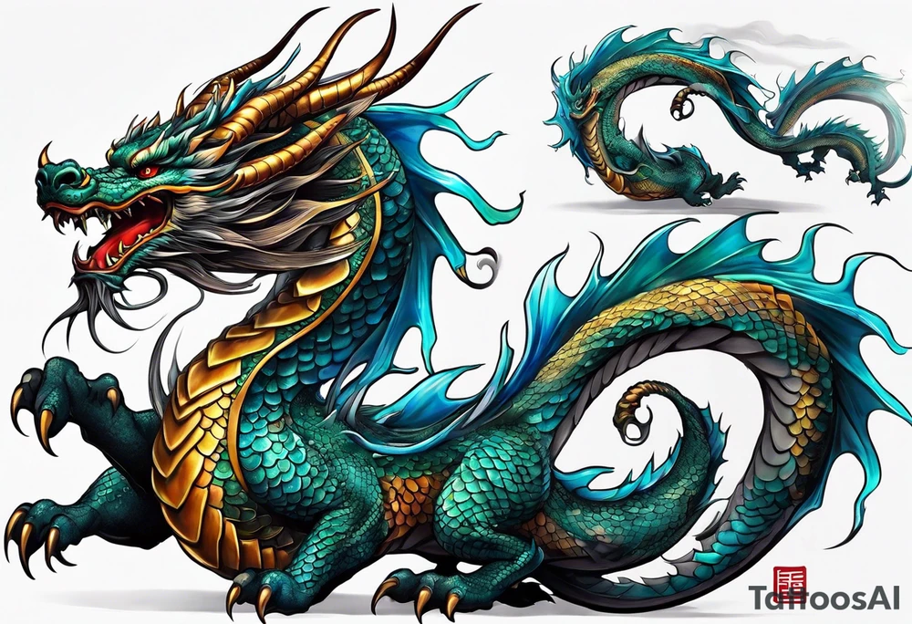 An epic floating asian dragon. Its long body coiling dynamically, with scales and horns detailed to create a sense of movement and strength. The dragon's color is giving a vibrant depth and a mystical aura. This tattoo highlights the dragon’s fierce expression and sharp claws. tattoo idea