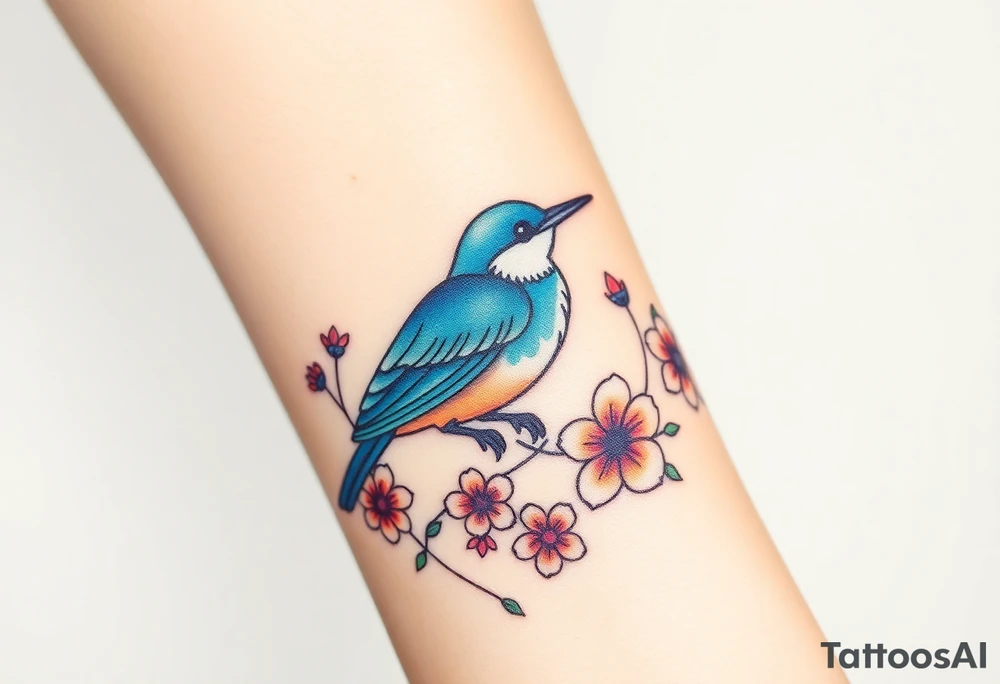 powerful majestic bluebird surrounded by wild flowers tattoo idea