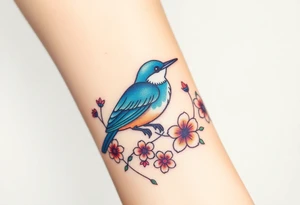 powerful majestic bluebird surrounded by wild flowers tattoo idea