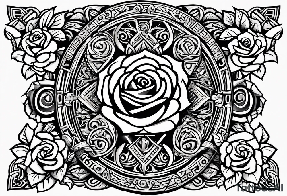 Design a masculine tattoo depicting three delicate rose buds being embraced and protected by 
Aztec weapons. The weapons should include elements such as the macuahuitl (Aztec sword-club), obsidian blades, and Mayan calendar, arranged in a way that forms a protective circle or embrace around the roses. Carve the entire image as if it were a stone sculpture by an ancient Aztec artist, with the texture resembling intricately detailed stone carvings. The roses should be slightly softer but still stylized in stone, giving the entire tattoo a powerful, yet artistic and ancient feel. Use bold, sharp lines to capture the essence of Aztec craftsmanship tattoo idea