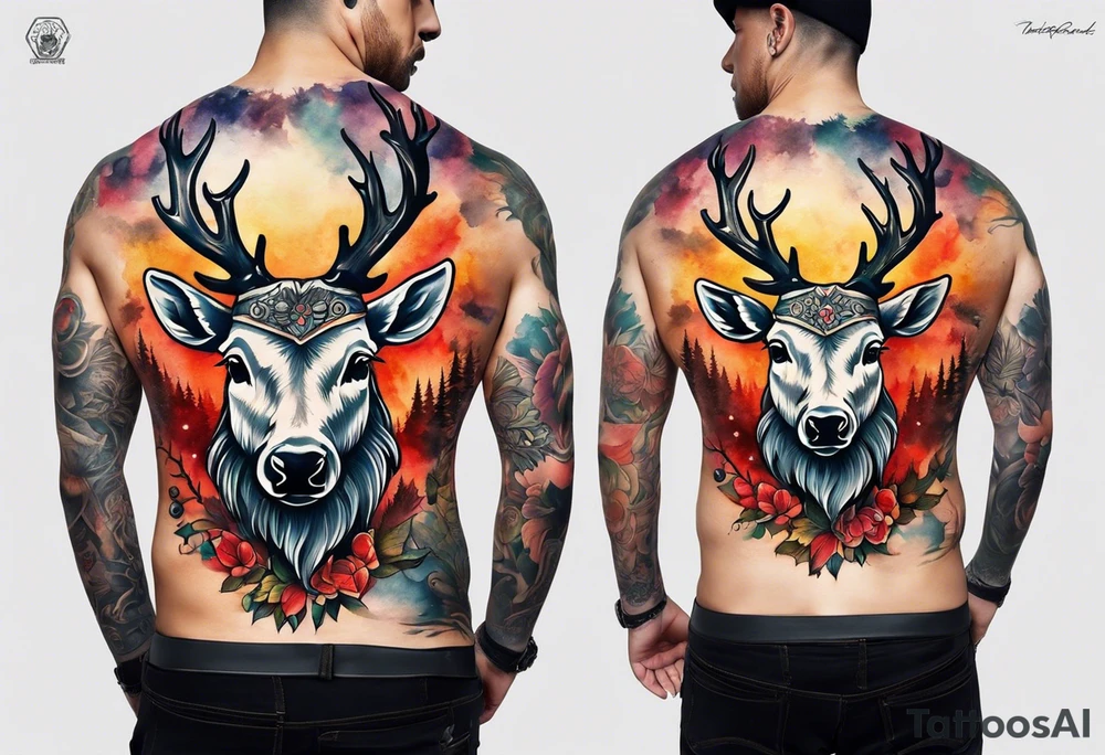 back tattoo of a front view reindeer with half the face as a skull tattoo idea
