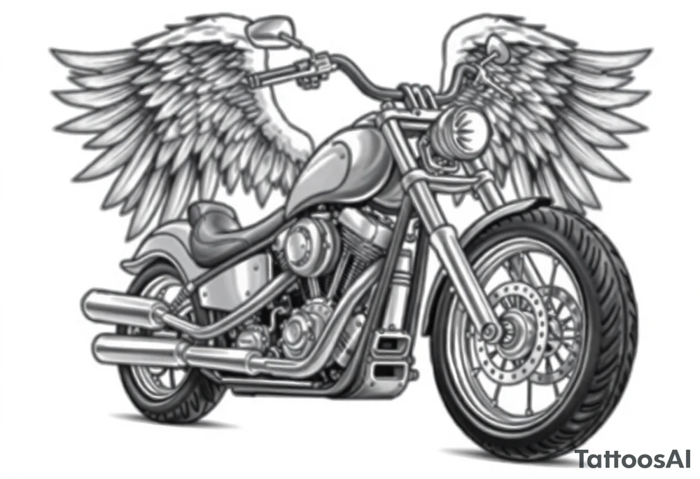 Low rider grey motorcycle, big muffler pipes with flames, angel wings, driving away, no person tattoo idea