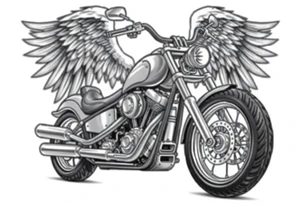 Low rider grey motorcycle, big muffler pipes with flames, angel wings, driving away, no person tattoo idea