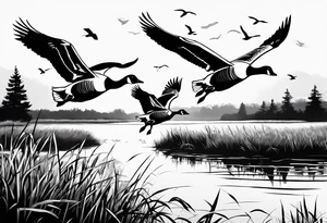 geese flying over marsh and people hunting them tattoo idea