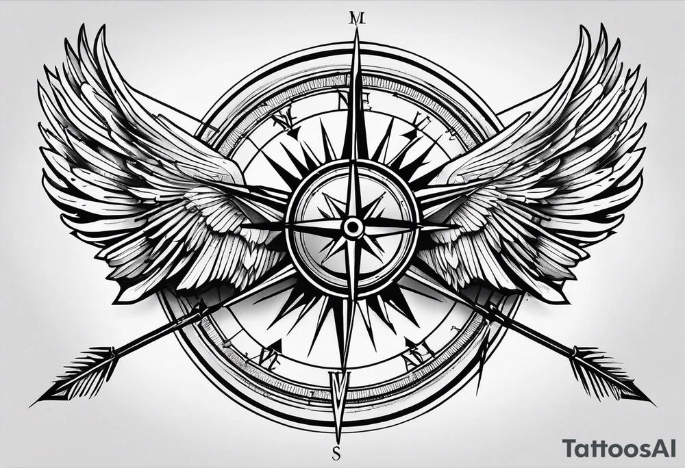 wings compass fine linework arrows tattoo idea